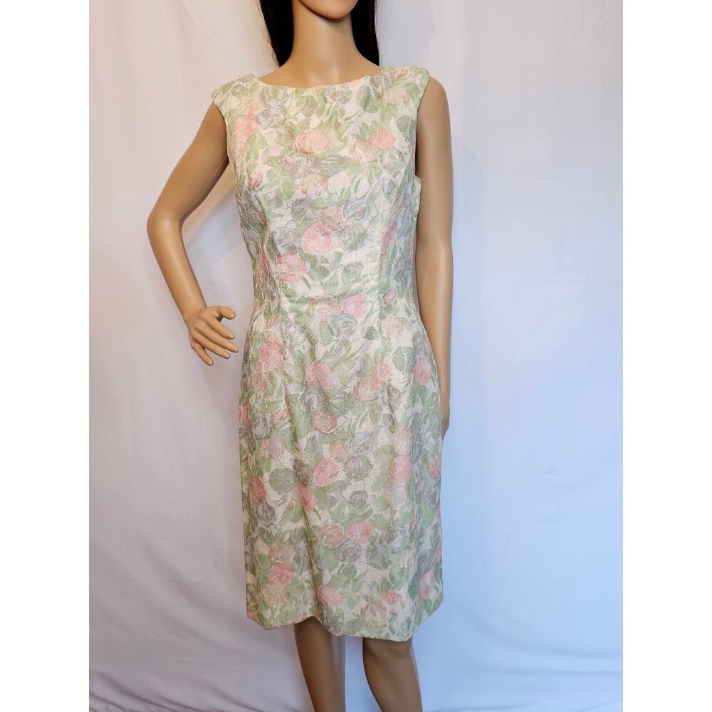 60s Brocade Floral Lace Sleeveless Pencil Sheath Cocktail Dress Lilli Diamond